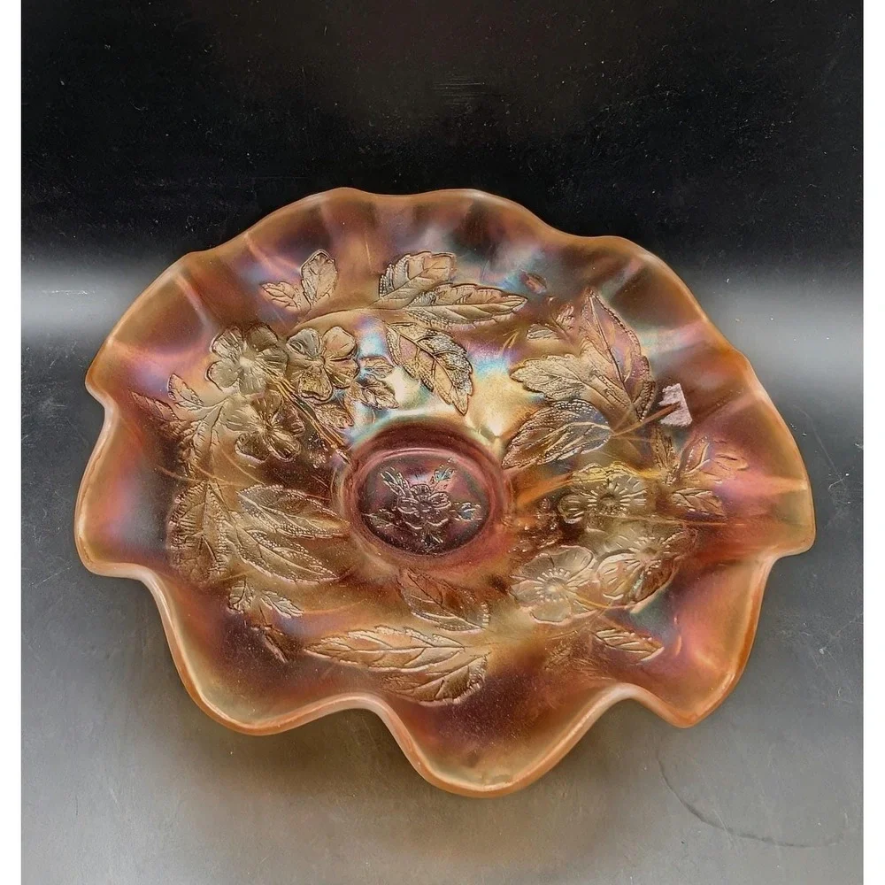 Dugan Dogwood Sprays Marigold‎ Carnival Glass Footed Ruffled Bowl 9